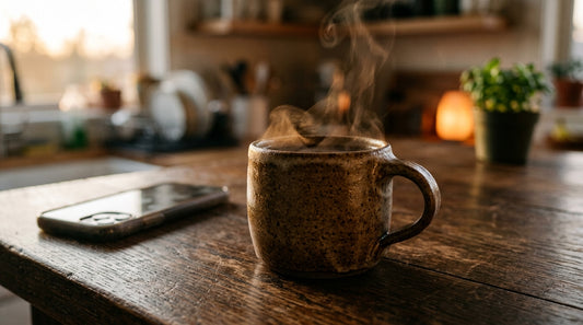 Taza de cerámica con bebida caliente humeante sobre mesa de madera oscura y celular boca abajo al fondo
