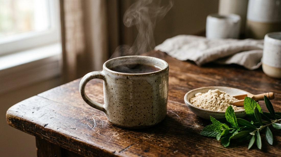 Taza de cerámica con bebida caliente humeante sobre mesa de madera oscura, junto a polvo claro y hojas verdes