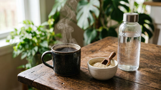 Vaso de cerámica con bebida caliente humeante y cuenco con polvo claro sobre mesa de madera oscura