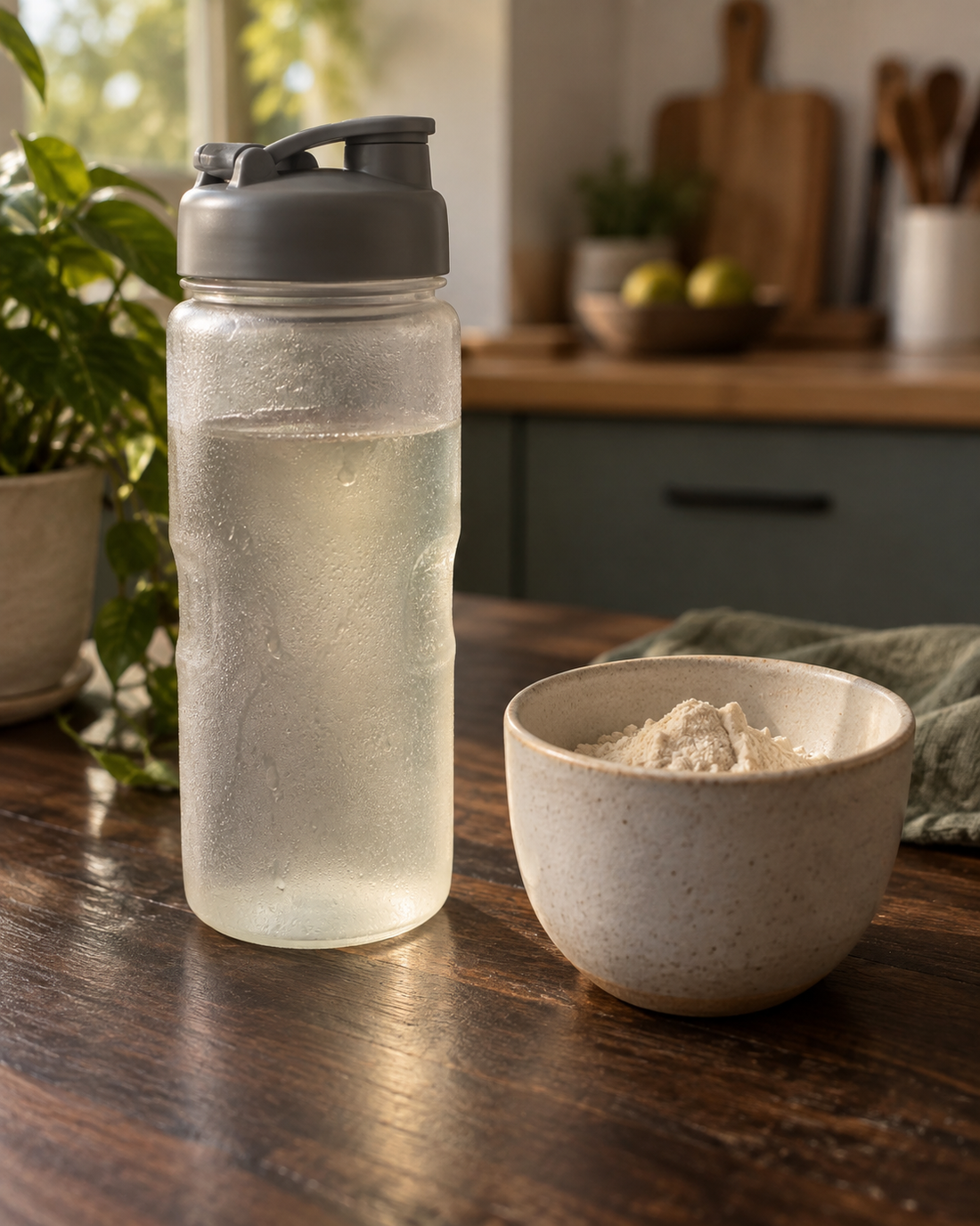 Botella deportiva con bebida hidratante y vaso con polvo claro sobre mesa de madera oscura con luz natural lateral