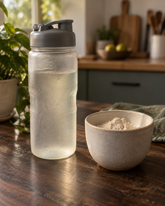 Botella deportiva con bebida hidratante y vaso con polvo claro sobre mesa de madera oscura con luz natural lateral