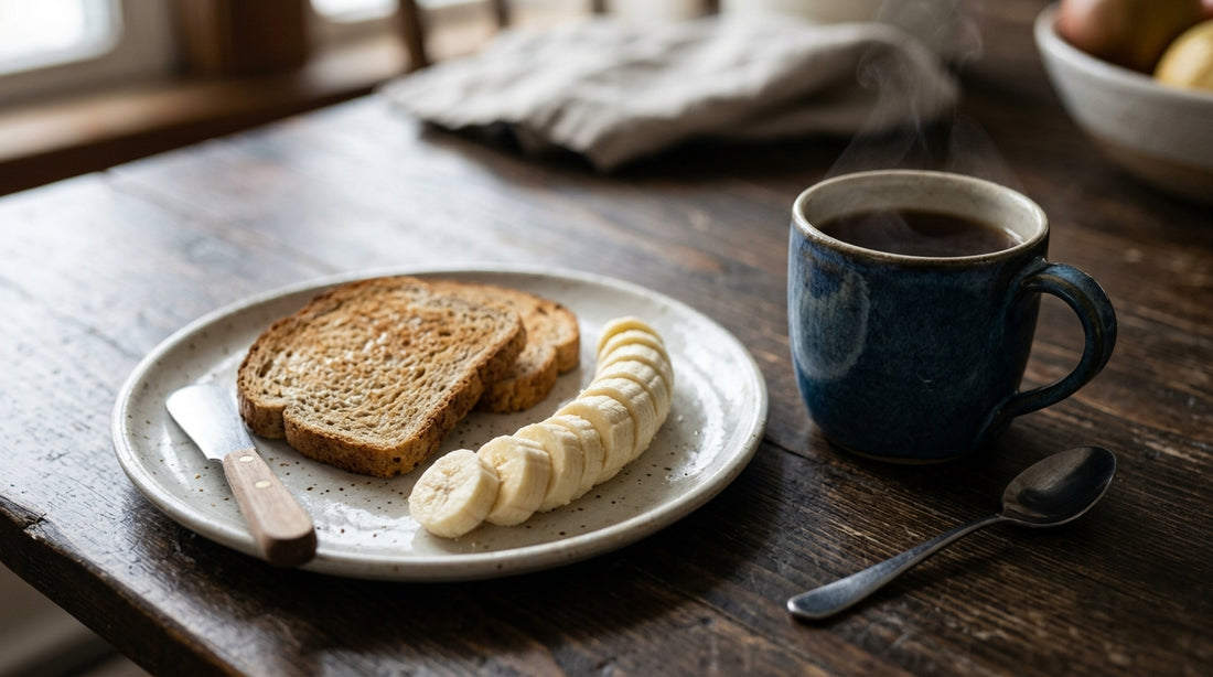 Desayuno ligero con plátano, pan tostado y bebida caliente sobre mesa de madera oscura antes de entrenar