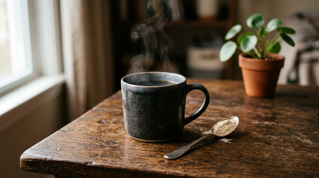 Taza de bebida caliente humeante sobre mesa de madera oscura junto a polvo claro y planta verde
