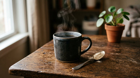 Taza de bebida caliente humeante sobre mesa de madera oscura junto a polvo claro y planta verde