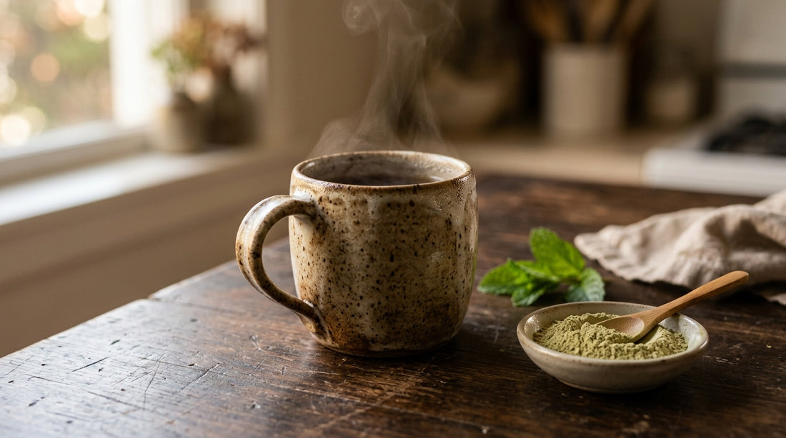 Taza de cerámica con bebida caliente humeante sobre mesa de madera oscura, junto a polvo claro y hojas verdes