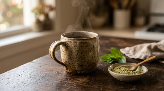 Taza de cerámica con bebida caliente humeante sobre mesa de madera oscura, junto a polvo claro y hojas verdes