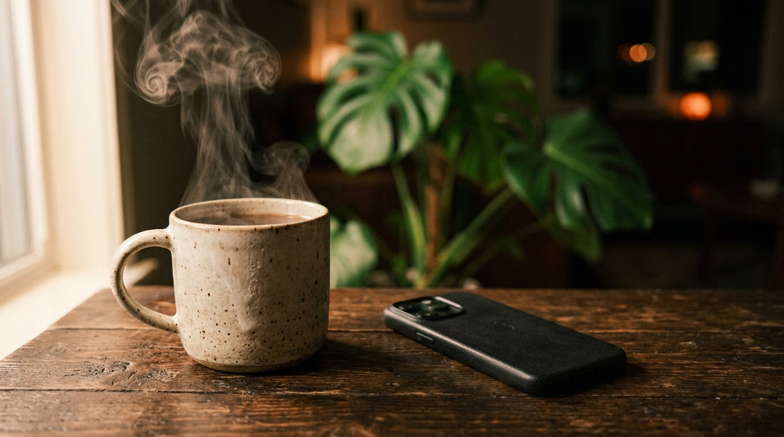 Taza de cerámica con bebida caliente sobre mesa de madera oscura junto a un celular boca abajo en ambiente nocturno tranquilo