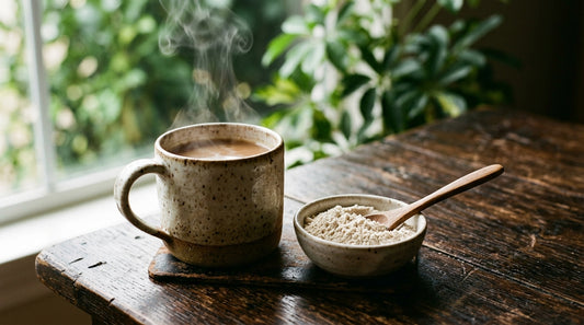 Taza de cerámica con bebida caliente y cuenco con polvo claro sobre mesa de madera oscura