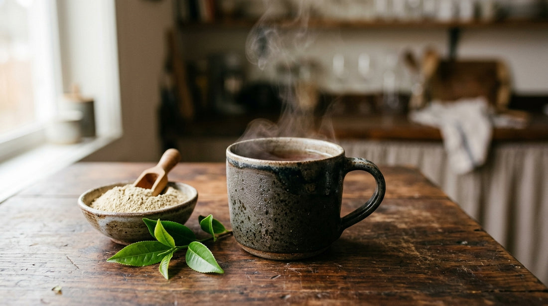 Taza de cerámica con bebida caliente humeante sobre mesa de madera oscura, junto a polvo claro y hojas verdes con luz natural lateral.